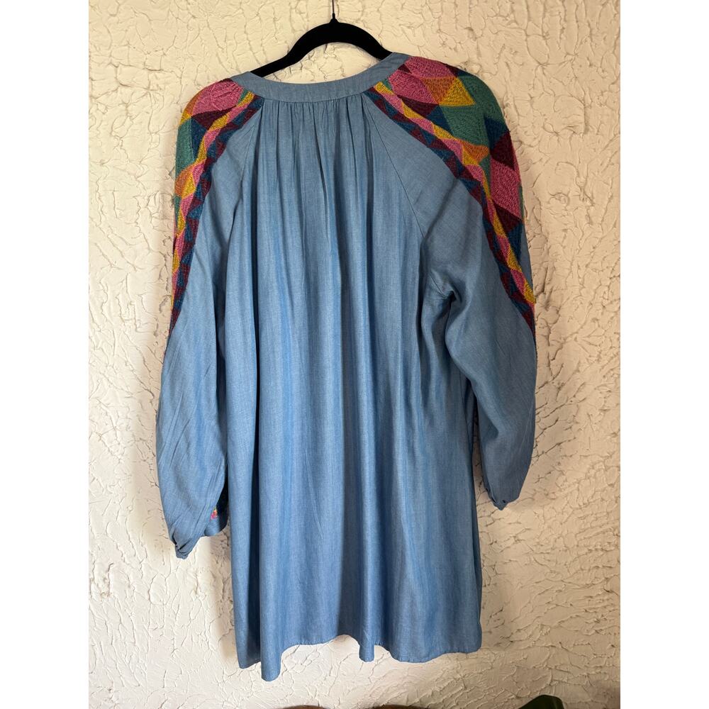 Zara TRF Embroidered Boho Tunic Top Blue Chambray Peasant Tassel Medium M Folk - Picture 6 of 8